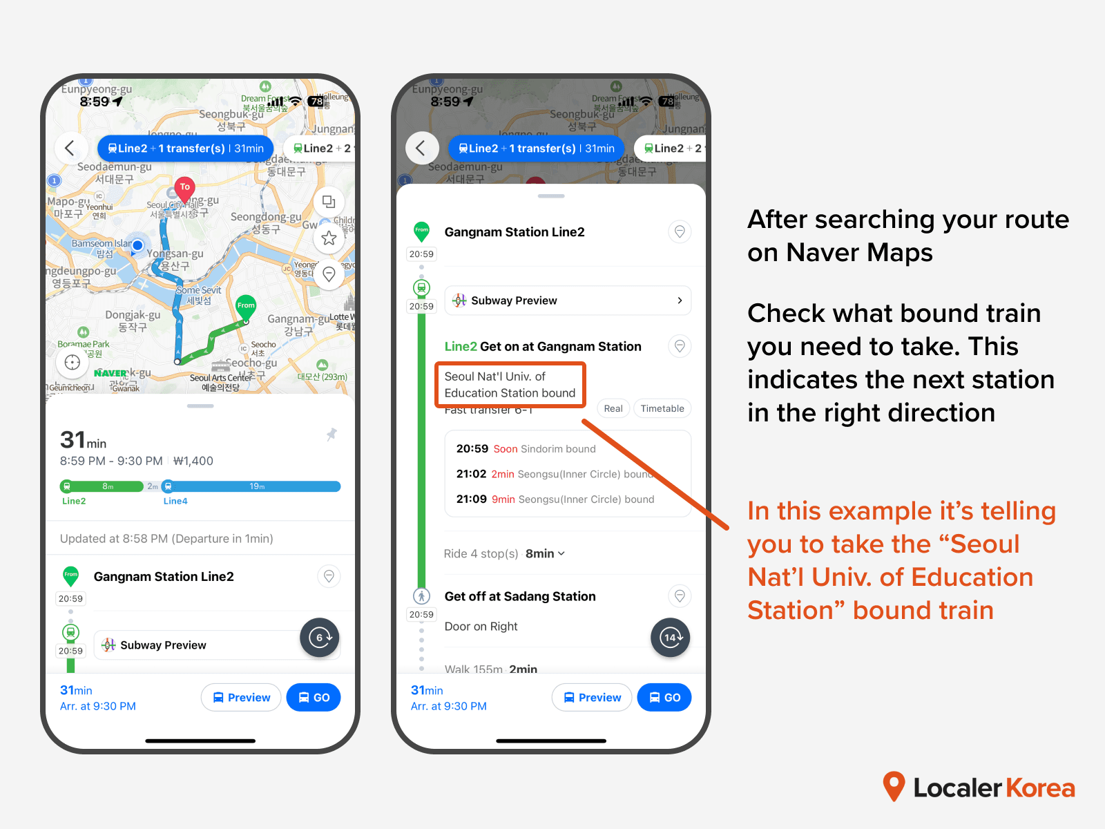 Instructions on searching which direction to take the seoul metro on naver maps